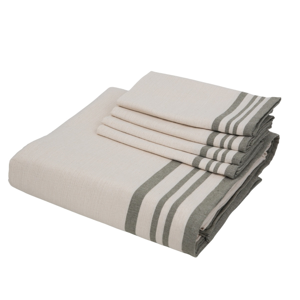 Nappe + 10 serviettes coton 180x400 GUETARY - beige lin / vert olive