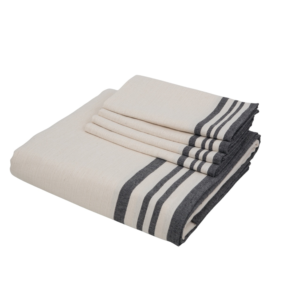 Nappe + 10 serviettes coton 180x400 GUETARY - beige lin / noir
