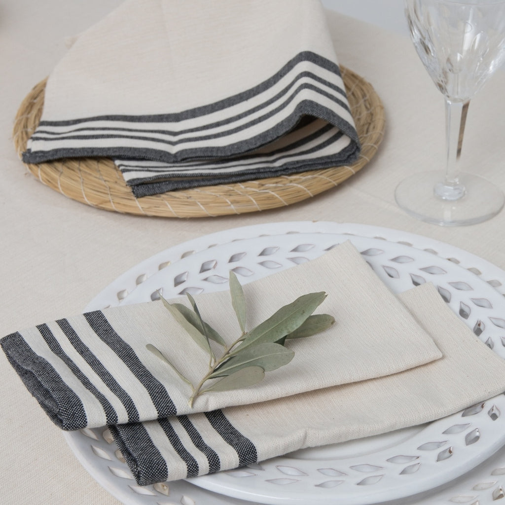Nappe + 10 serviettes coton 180x400 GUETARY - beige lin / noir