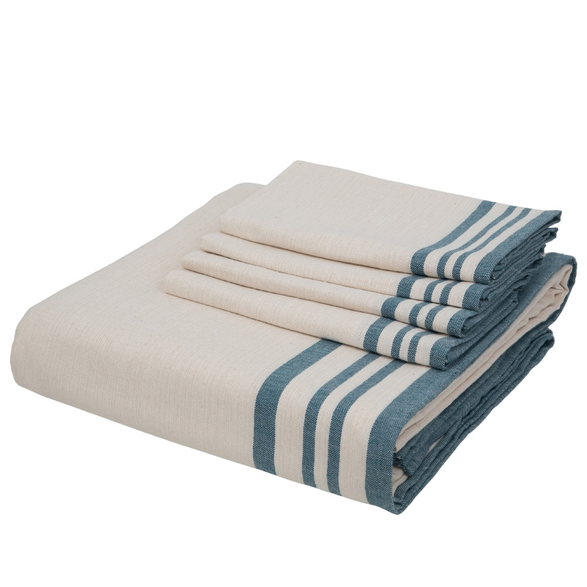 Nappe + 10 serviettes coton 180x400 GUETARY - beige lin / bleu pétrole