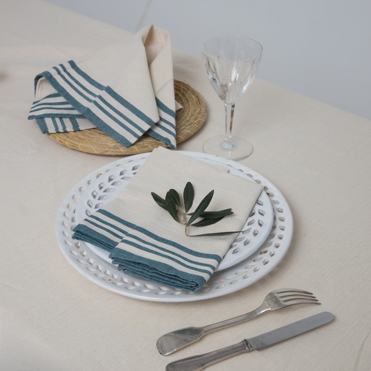 Nappe + 10 serviettes coton 180x400 GUETARY - beige lin / bleu pétrole