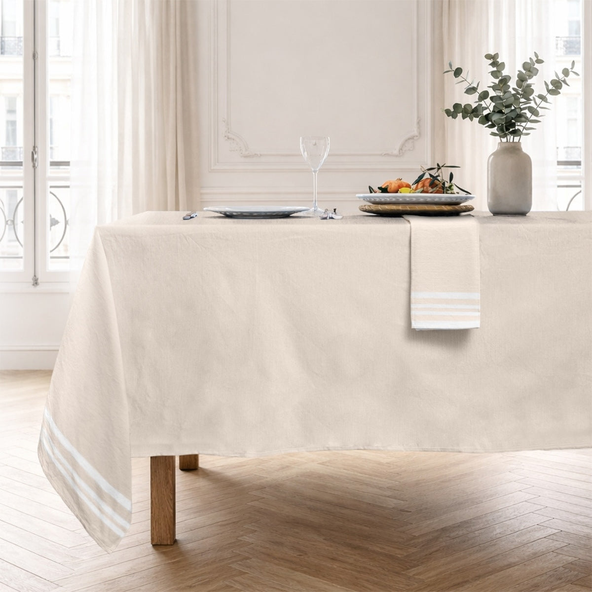 Nappe + 10 serviettes coton 180x400 GUETARY - beige lin / blanc