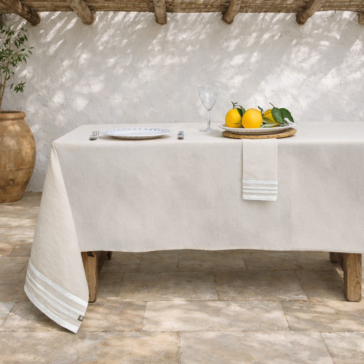 Nappe + 10 serviettes coton 180x400 GUETARY - beige lin / blanc