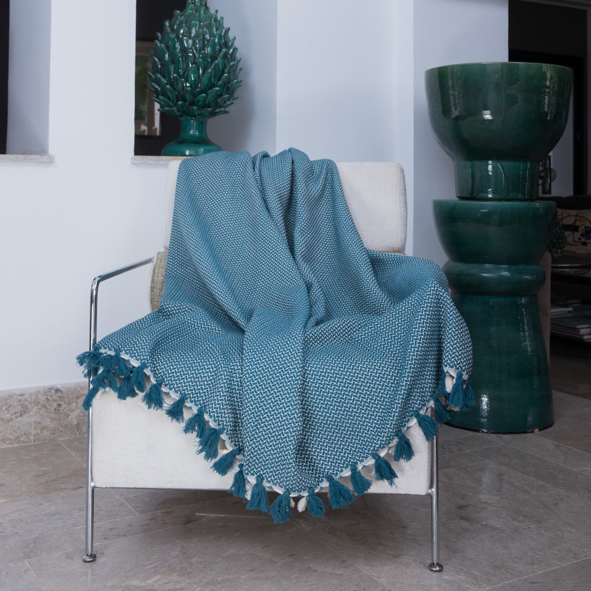 Plaid coton bleu pétrole VERBIER - 160x250 cm