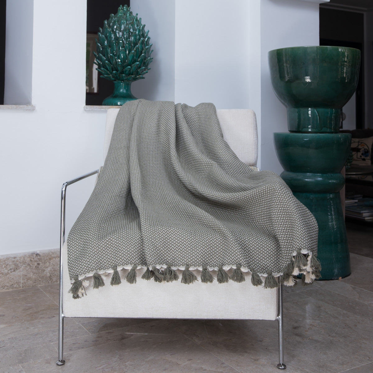 Plaid coton vert olive VERBIER - 130x170 cm