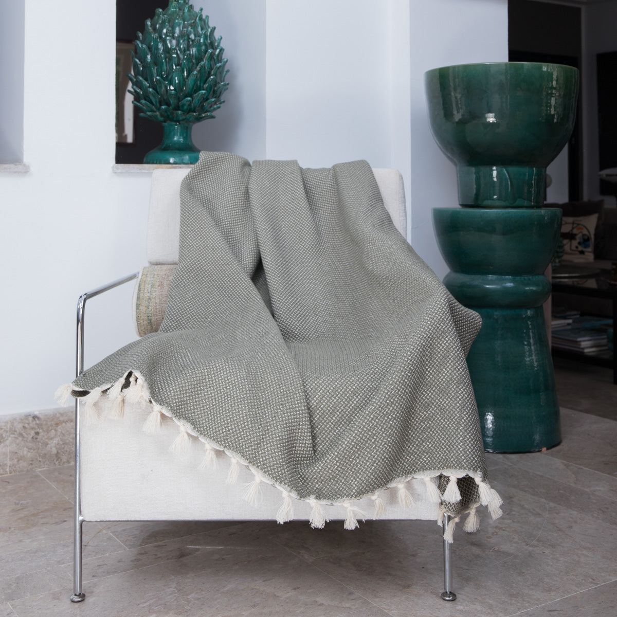 Plaid coton vert olive ZERMATT - 130x170 cm