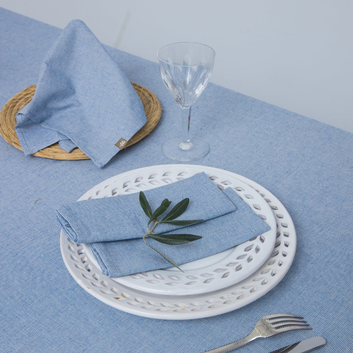 Nappe + 8 serviettes coton 180x350 COLETTE - bleu grec