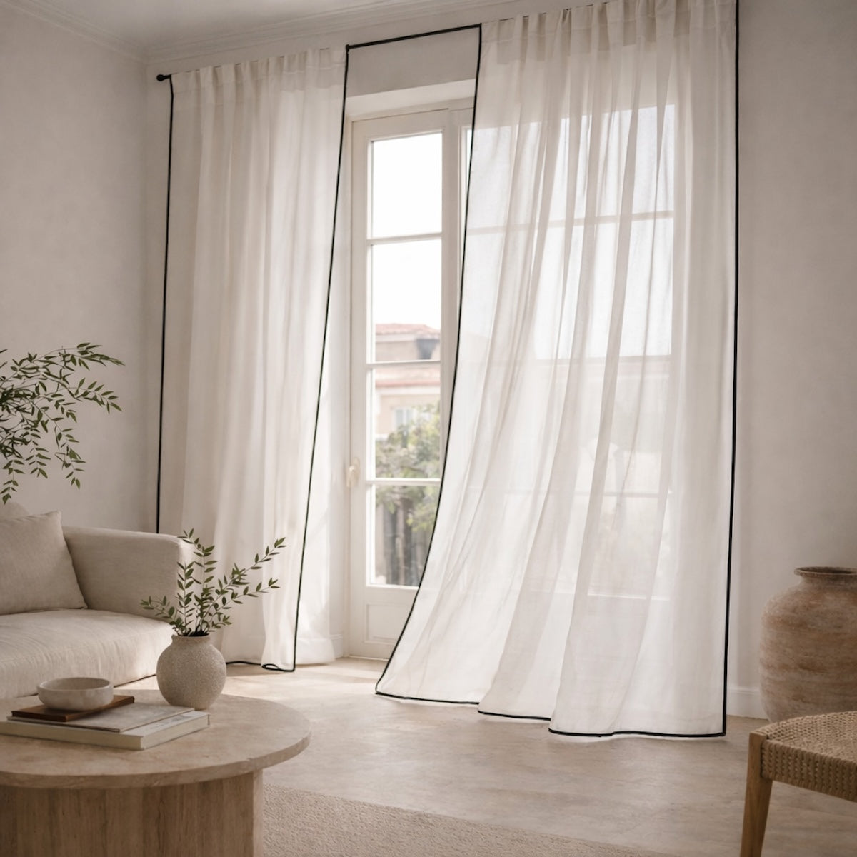 Voilage à passants (x2) voile de coton bio 140x290 BRUMA - blanc / noir