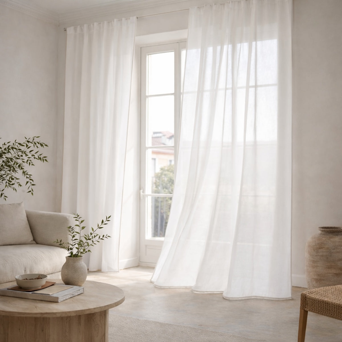 Voilage à passants (x2) voile de coton bio 140x290 BRUMA - blanc / grège