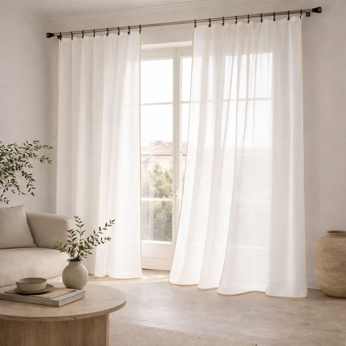 Voilage panneau (x2) voile de coton bio 140x290 BRUMA - blanc / grège