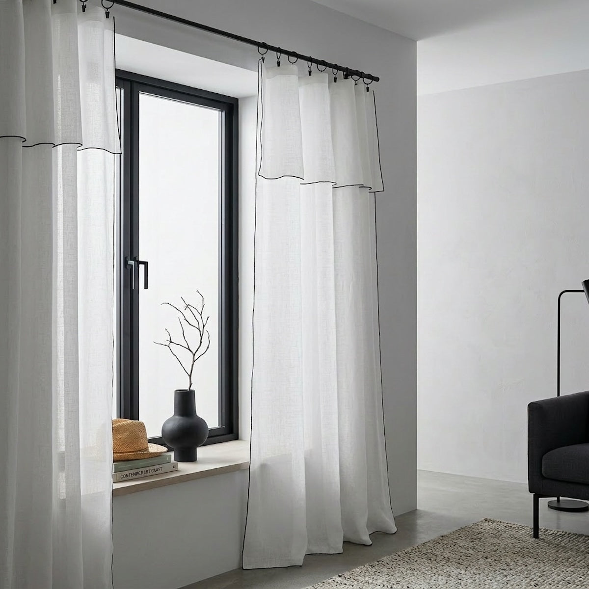 Voilage panneau (x2) voile de coton bio 140x290 BRUMA - blanc / noir