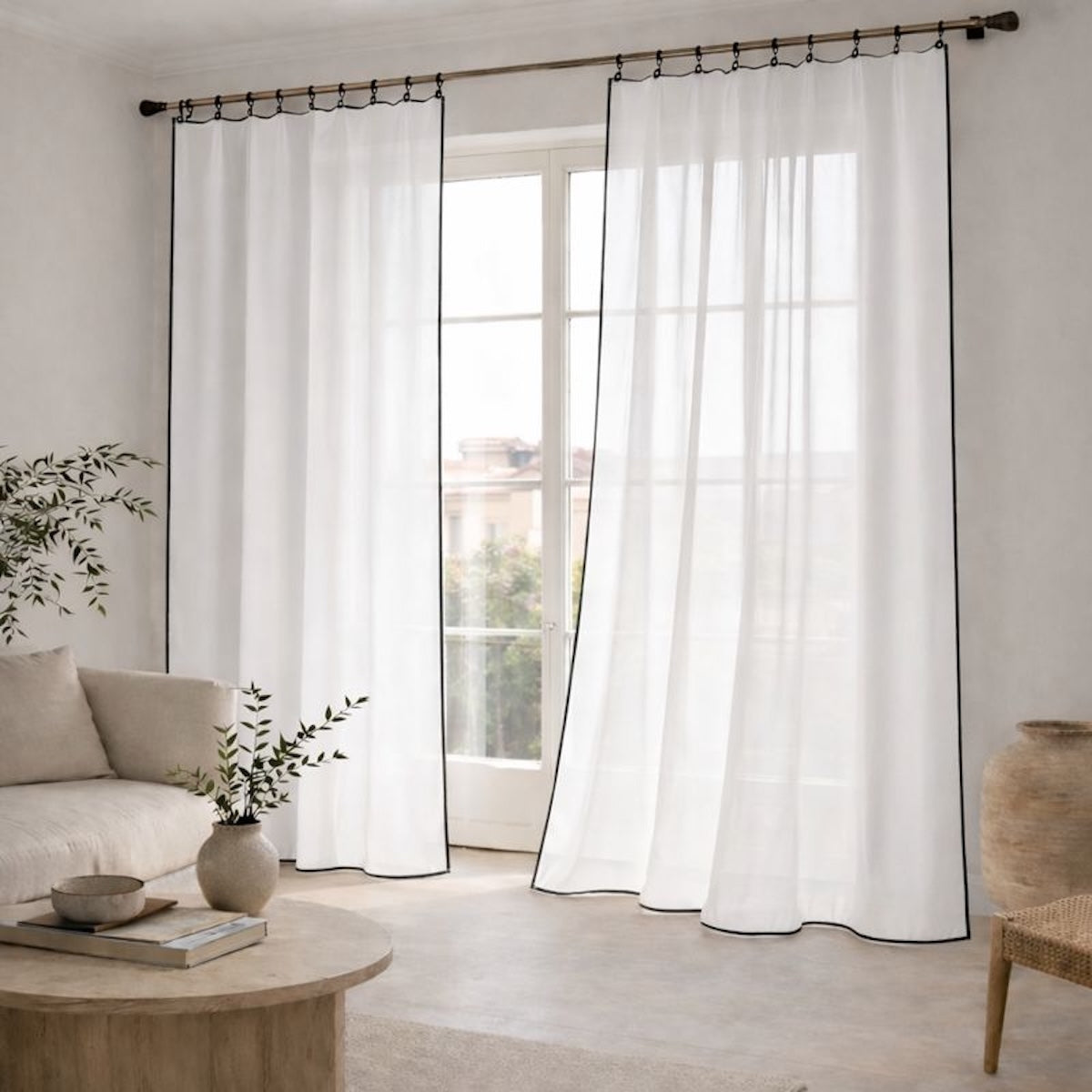 Voilage panneau (x2) voile de coton bio 140x290 BRUMA - blanc / noir
