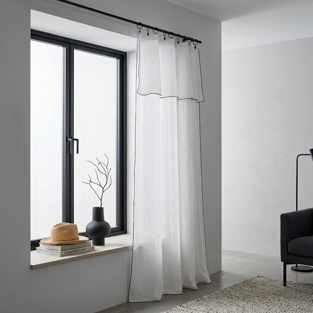 Voilage panneau (x2) voile de coton bio 140x290 BRUMA - blanc / noir