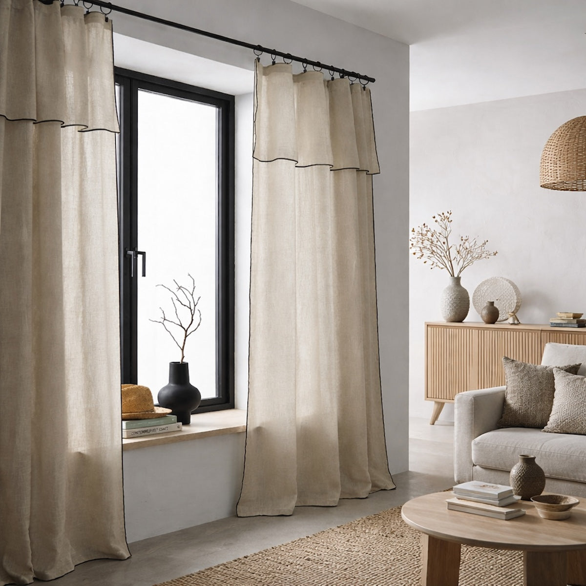 Voilage panneau (x2) voile de coton bio 140x290 BRUMA - grège / noir