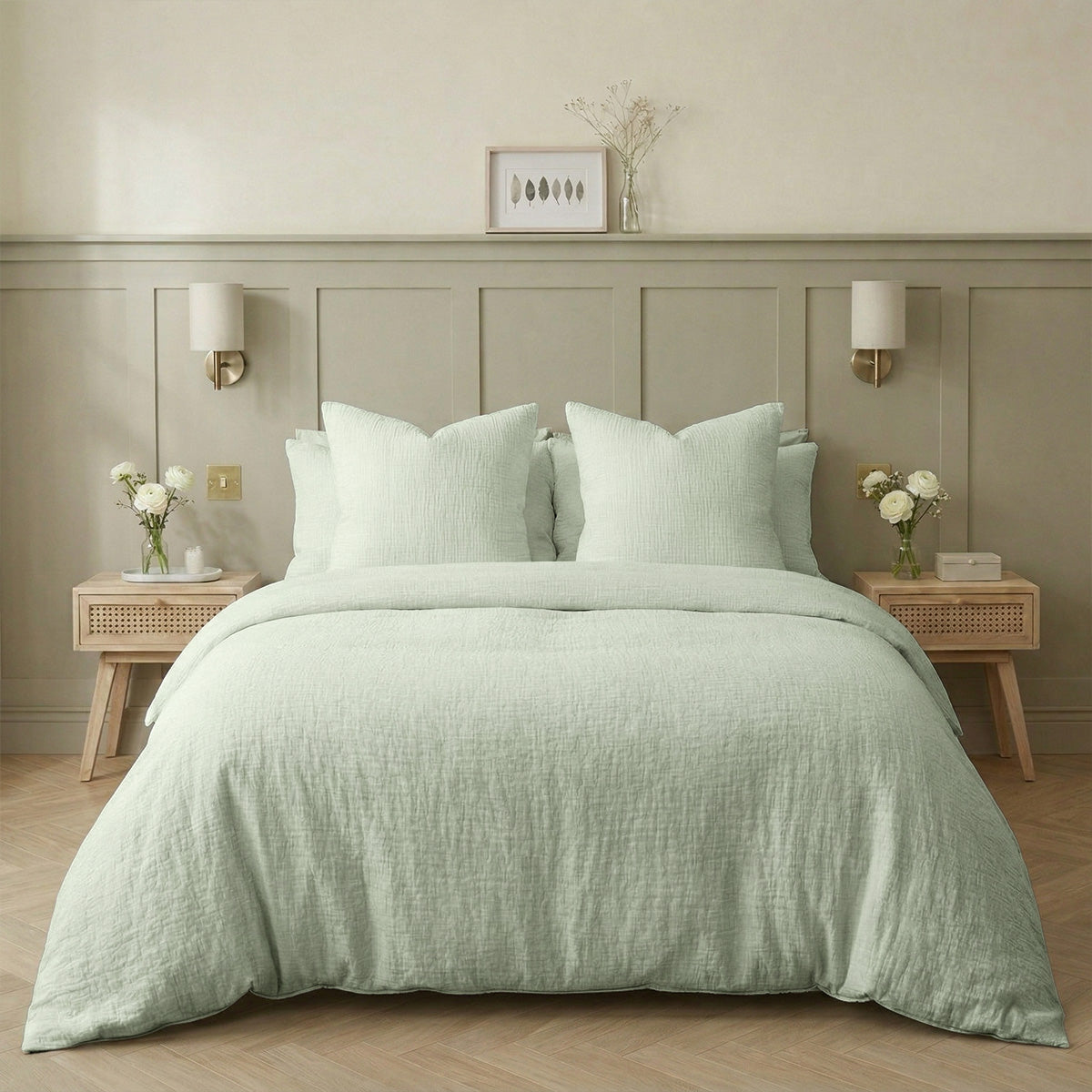 Housse de couette gaze de coton vert amande ALMA 200x200