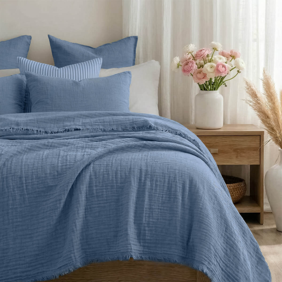 Jeté de lit gaze de coton 230x250 ALMA bleu