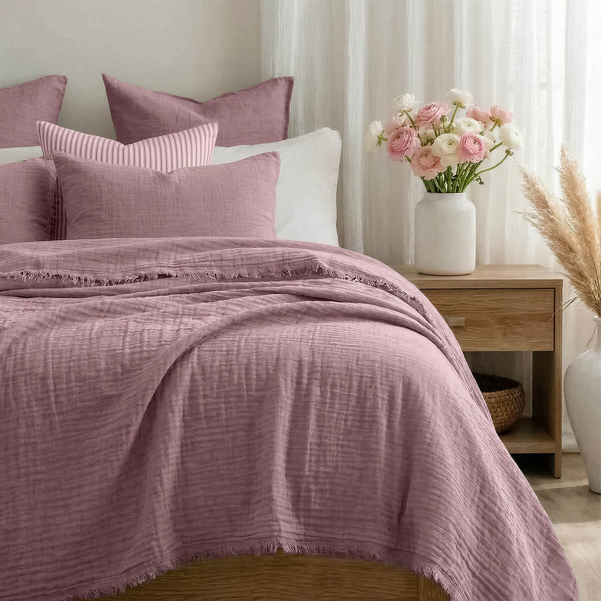 Jeté de lit gaze de coton 230x250 ALMA bois de rose