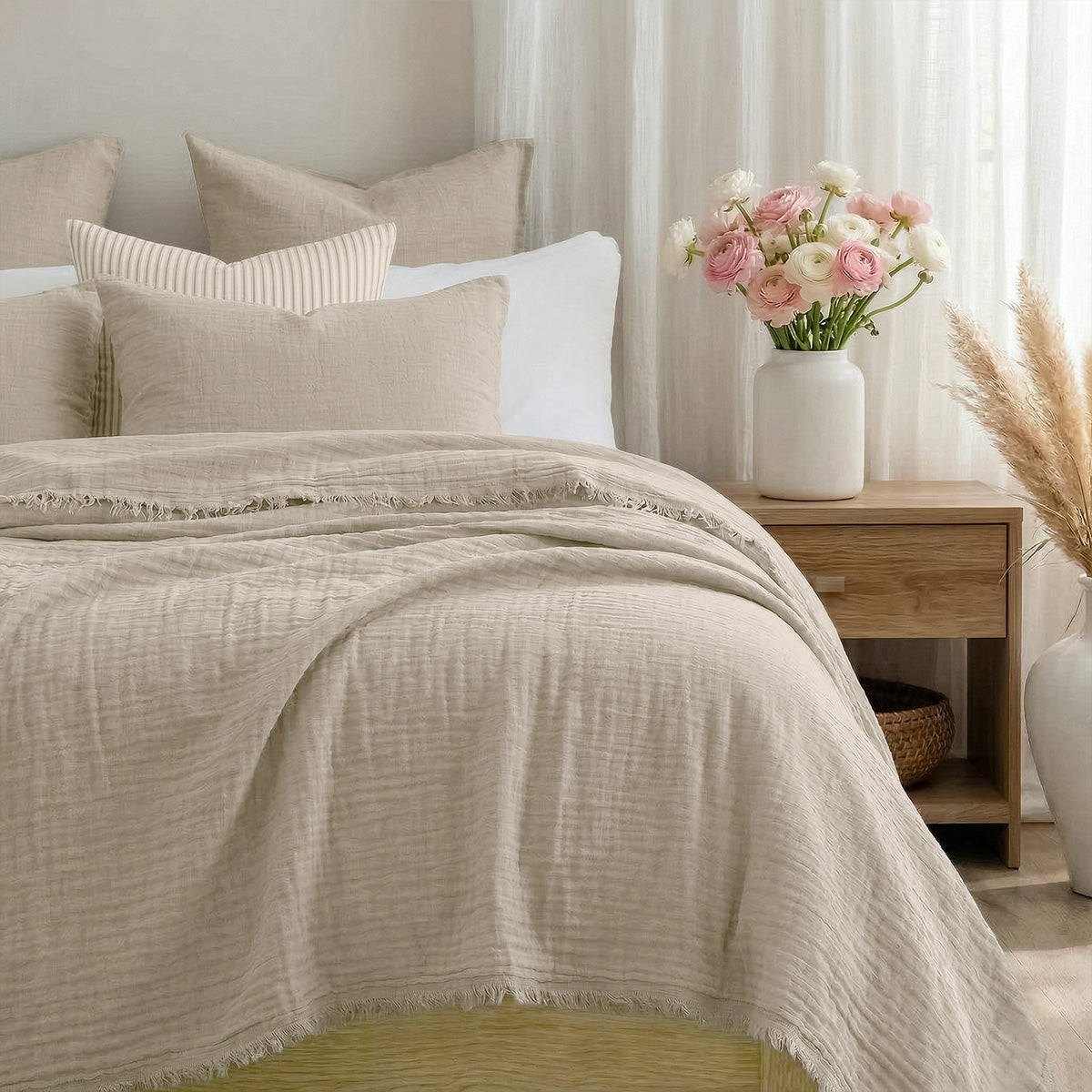Jeté de lit gaze de coton 230x250 ALMA beige clair