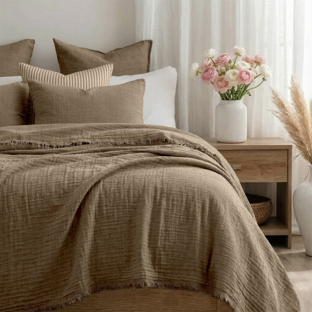 Jeté de lit gaze de coton 270x280 ALMA taupe clair