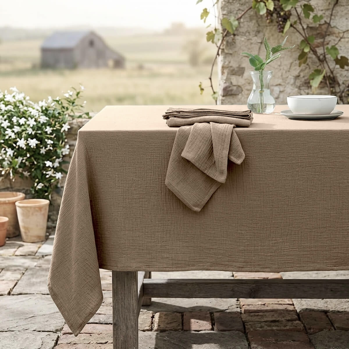 Nappe + 4 serviettes gaze de coton 150x250 ALMA taupe clair