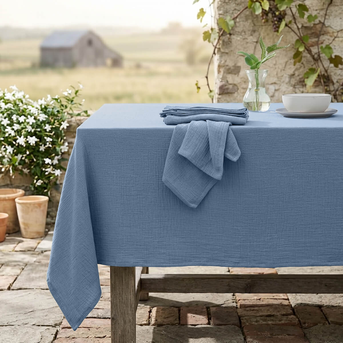 Nappe + 8 serviettes gaze de coton 150x350 ALMA bleu