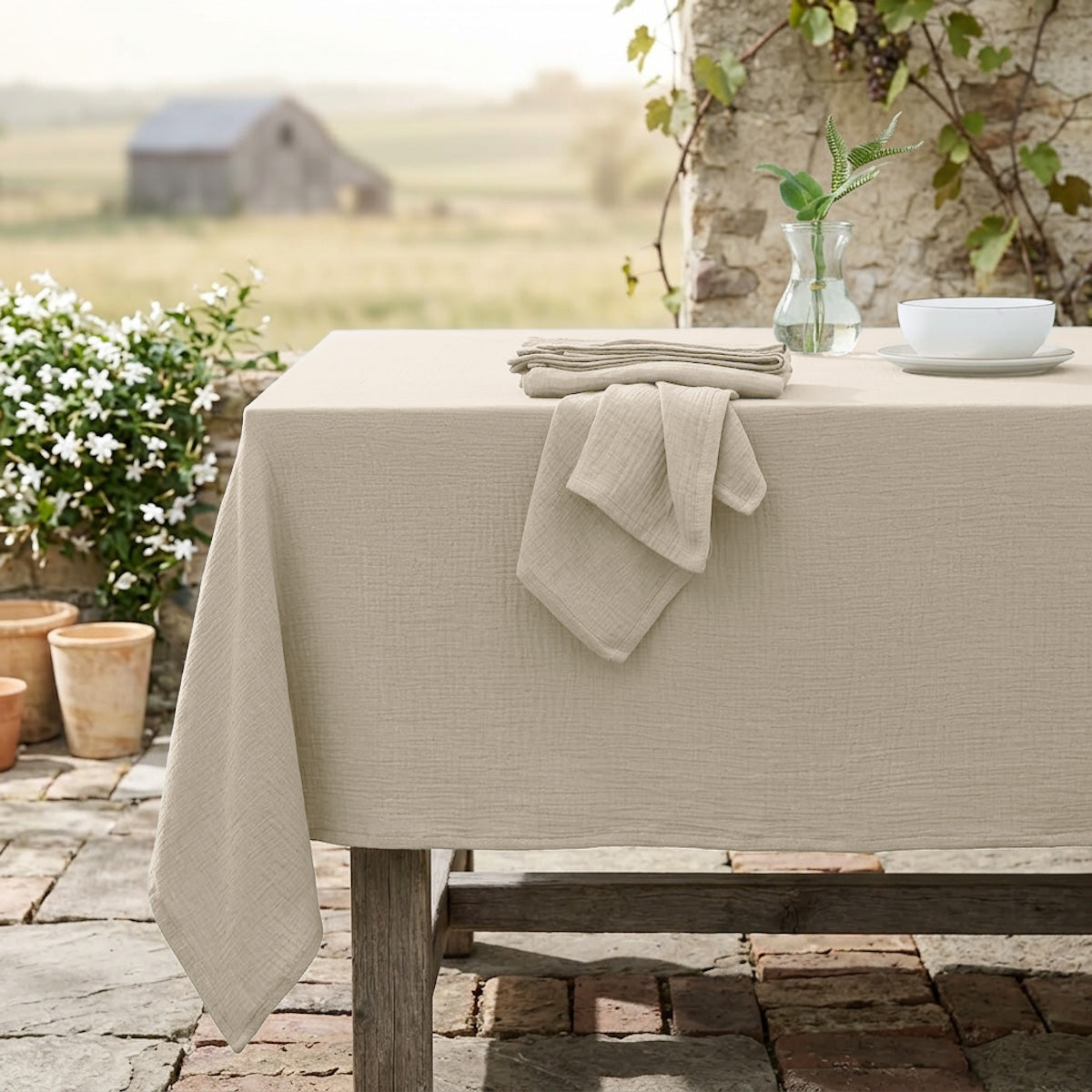 Nappe + 10 serviettes gaze de coton 160x400 ALMA beige clair