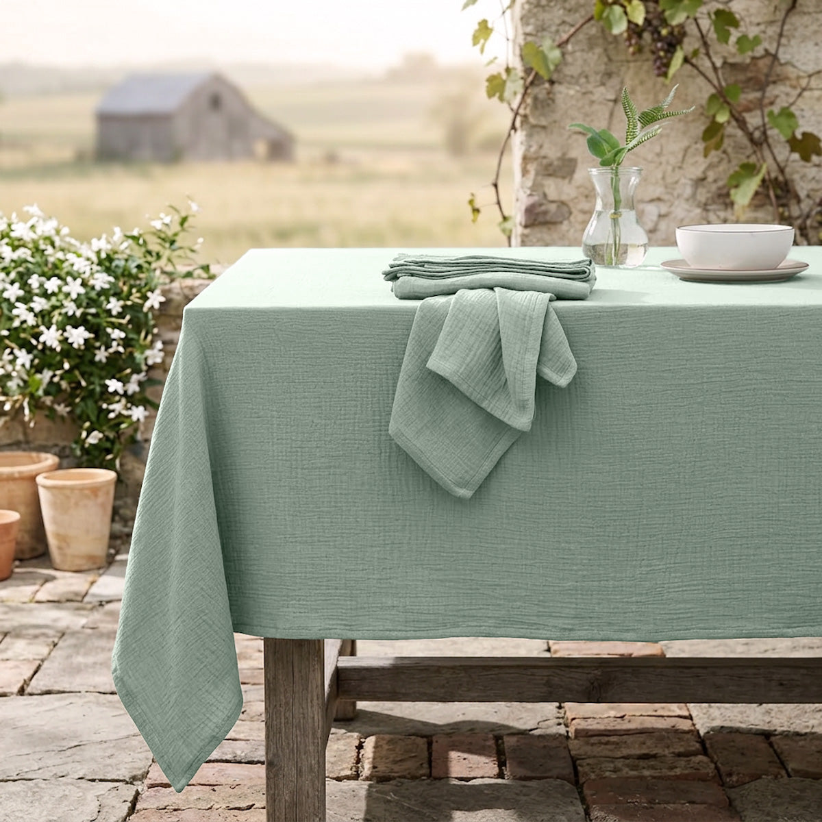 Nappe gaze de coton 160x400 ALMA vert céladon