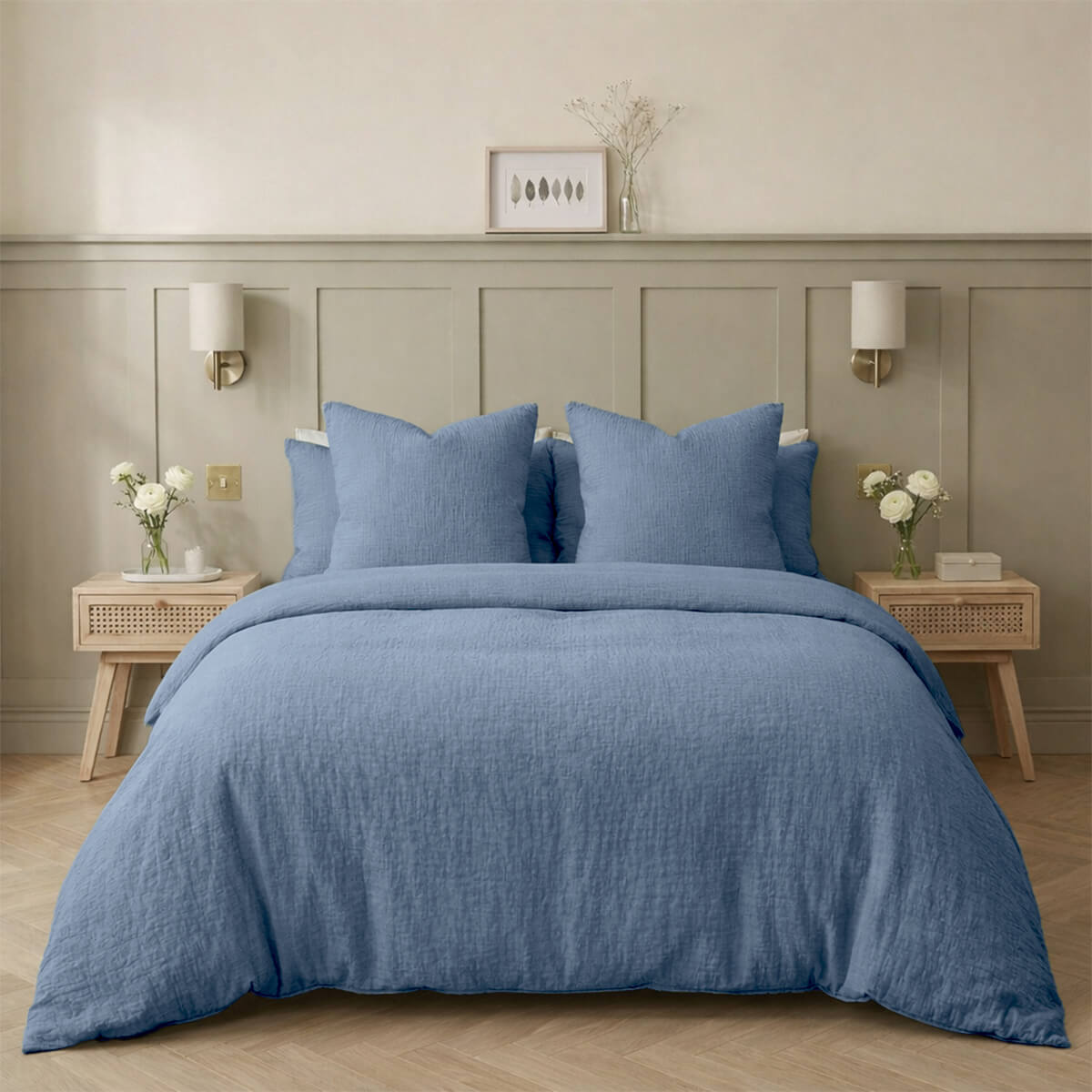 Parure + taies 50x70 gaze de coton bleu ALMA 260x240+2(50x70)