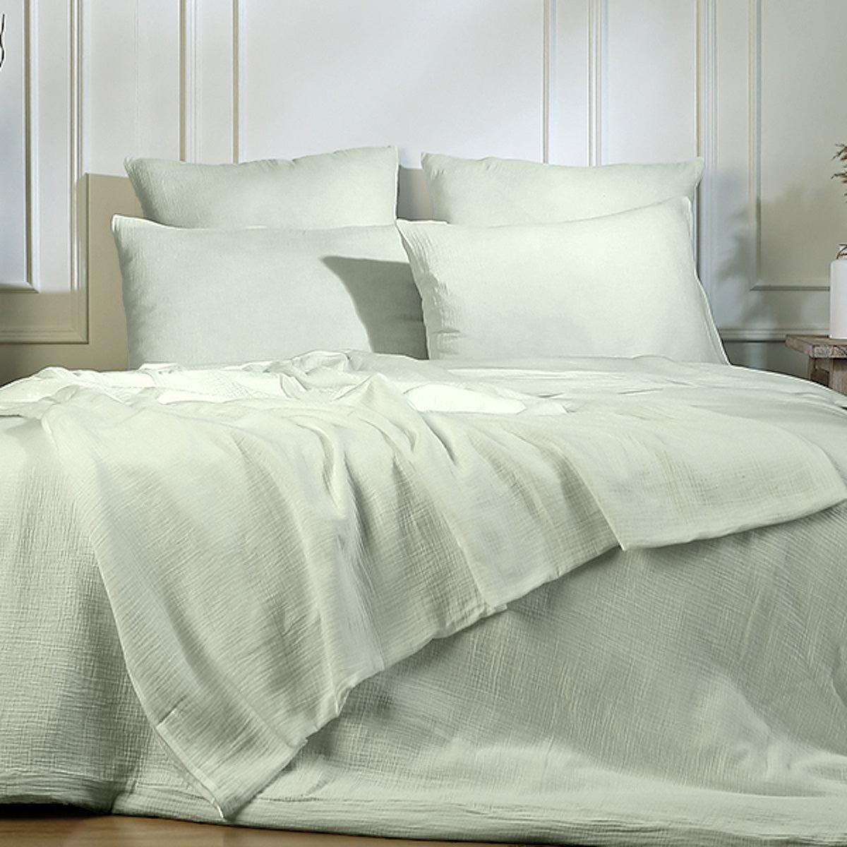 Parure + taies 50x70 gaze de coton vert amande ALMA 260x240+2(50x70)