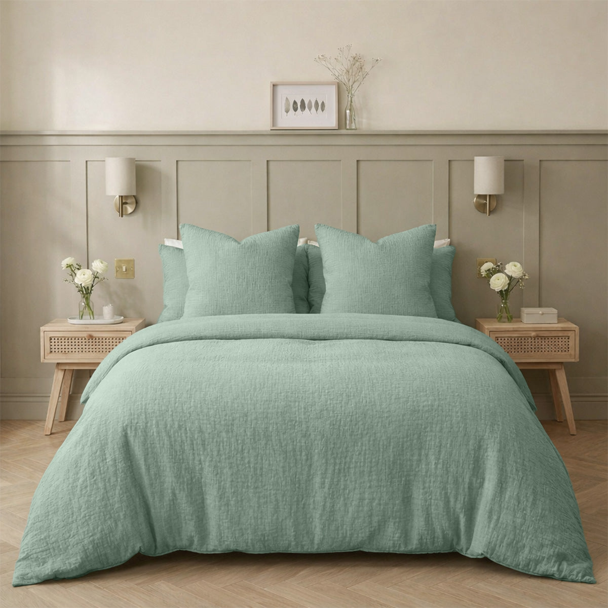 Parure + taies 50x70 gaze de coton vert céladon ALMA 260x240+2(50x70)