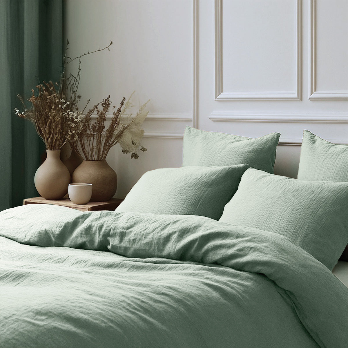 Parure + taies 50x70 gaze de coton vert céladon ALMA 140x200+1(50x70)