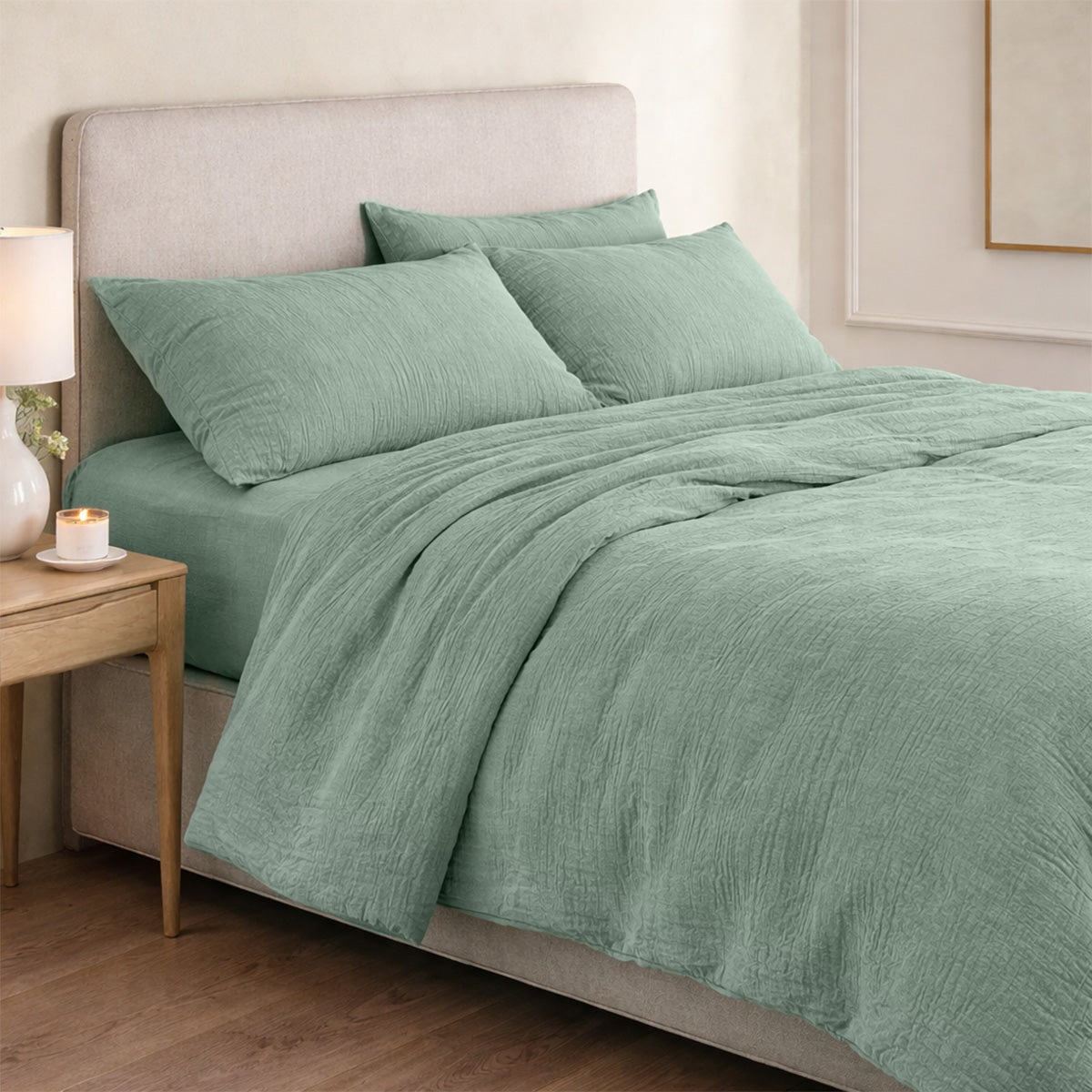 Parure + taies 50x70 gaze de coton vert céladon ALMA 140x200+1(50x70)