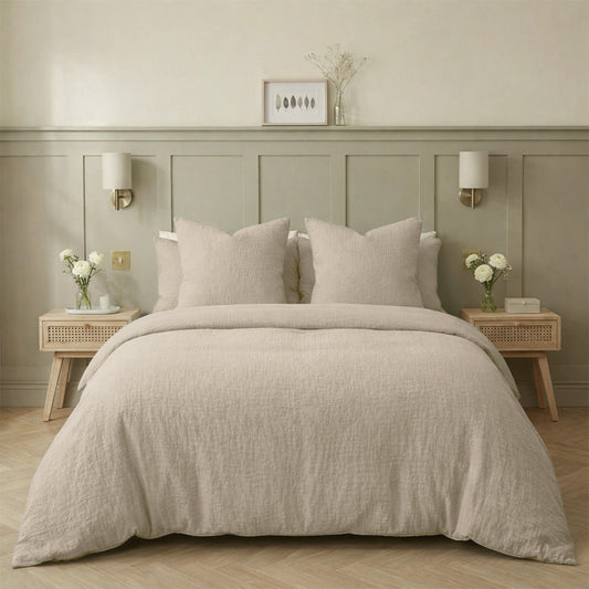 Parure + taies 65x65 gaze de coton beige clair ALMA 140x200/65x65