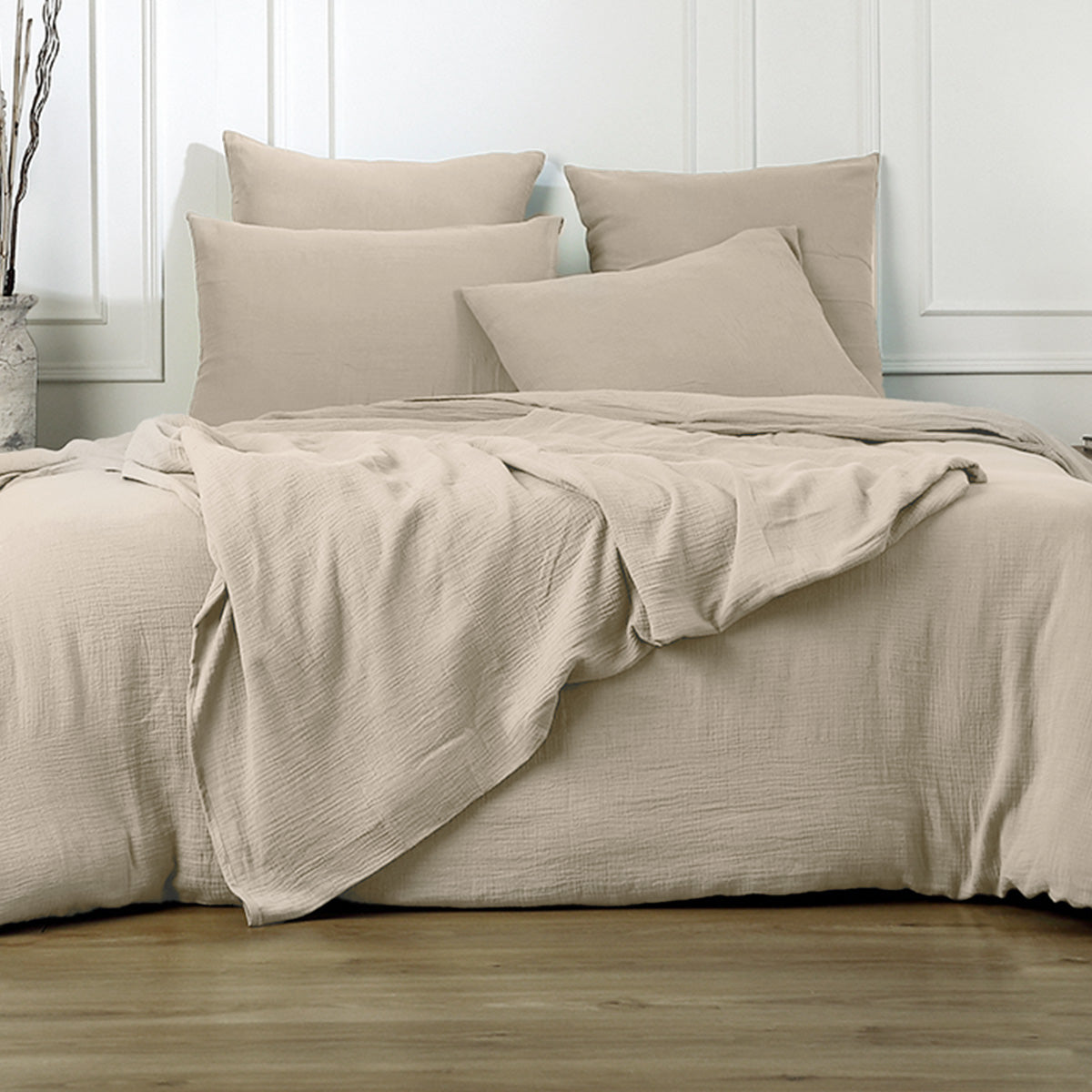 Parure + taies 65x65 gaze de coton beige clair ALMA 140x200/65x65