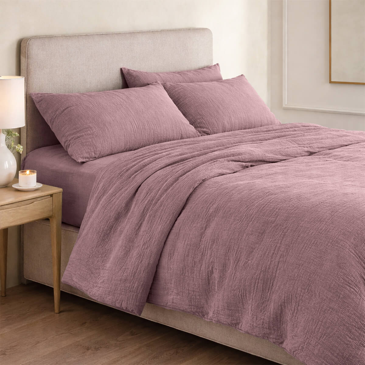 Parure + taies 50x70 gaze de coton bois de rose ALMA 200x200+2(50x70)
