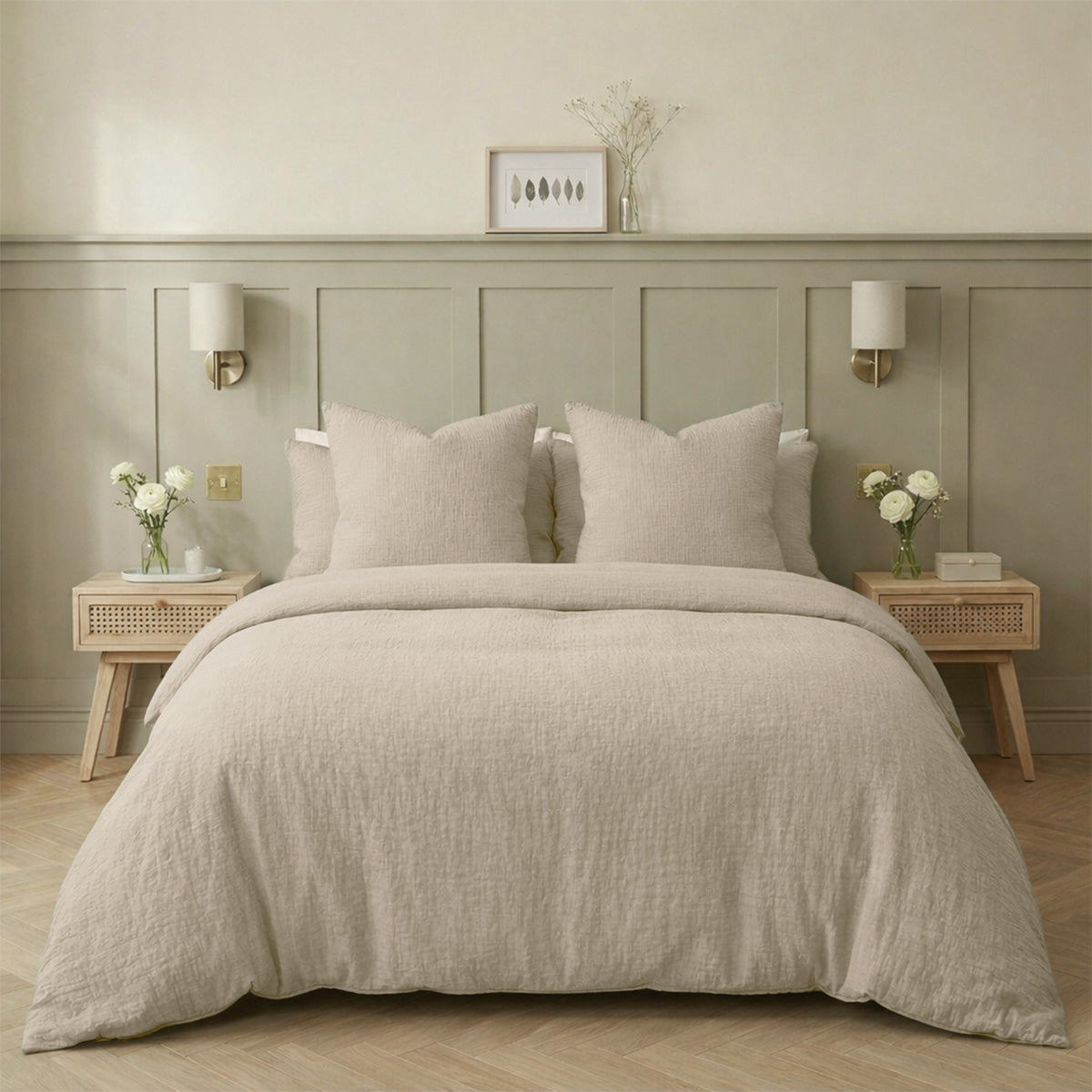 Parure + taies 65x65 gaze de coton beige clair ALMA 240x220+2(65x65)