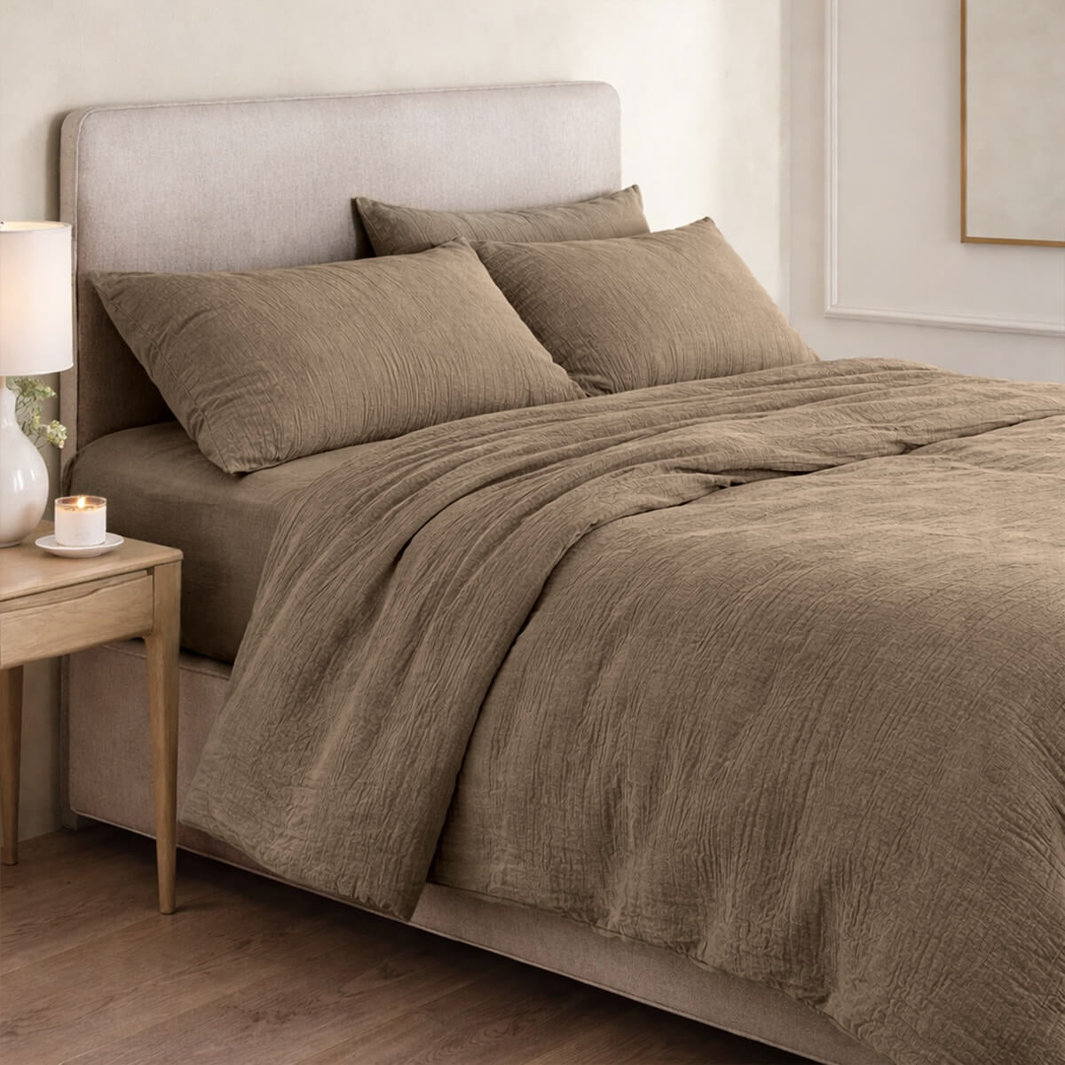Parure + taies 65x65 gaze de coton taupe clair ALMA 200x200+2(65x65)