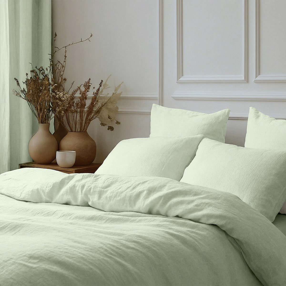 Parure + taies 65x65 gaze de coton vert amande ALMA 200x200+2(65x65)