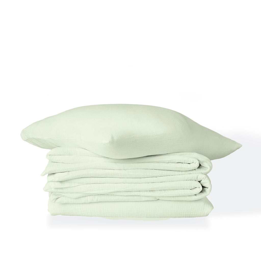 Parure + taies 65x65 gaze de coton vert amande ALMA 140x200/65x65