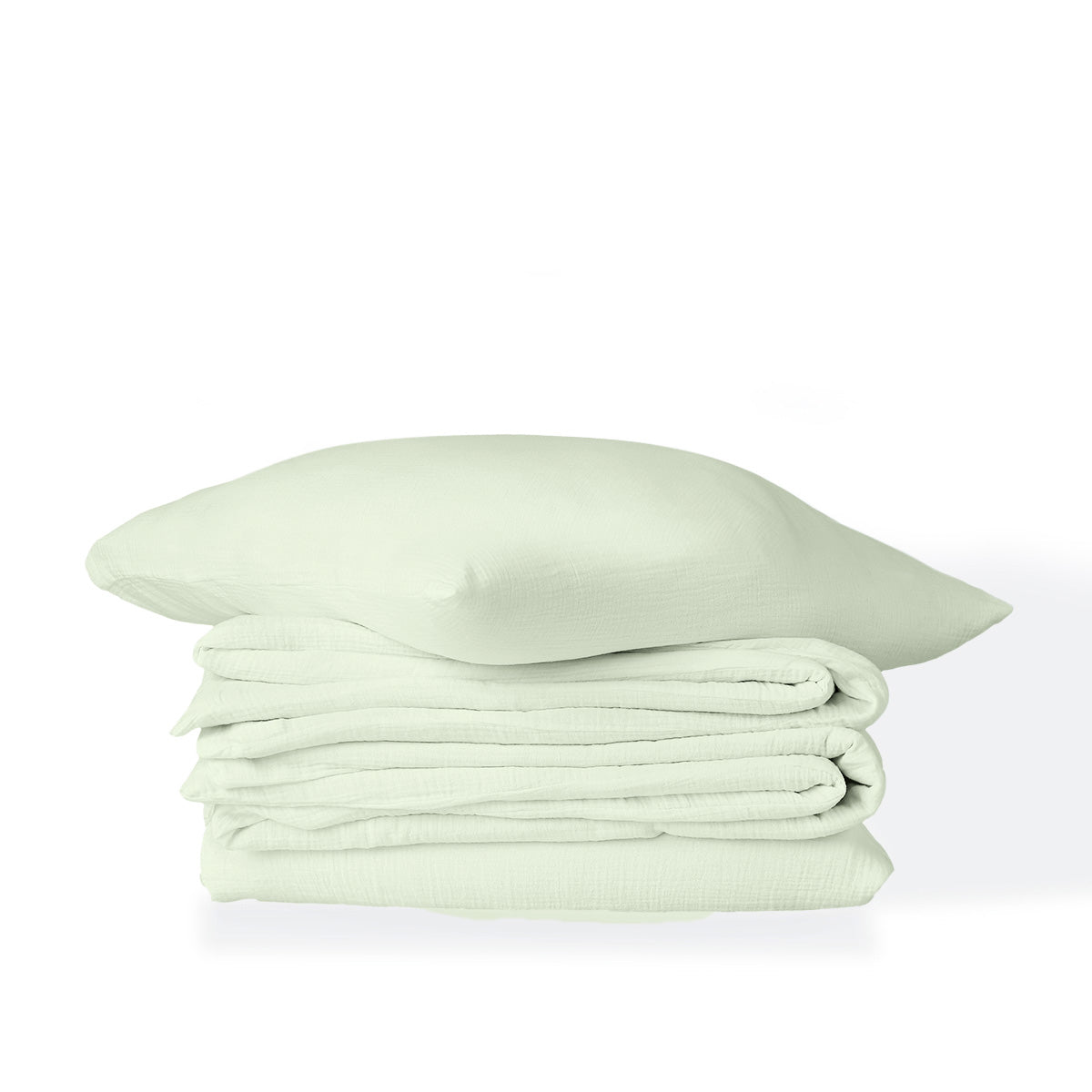 Parure + taies 65x65 gaze de coton vert amande ALMA 140x200/65x65
