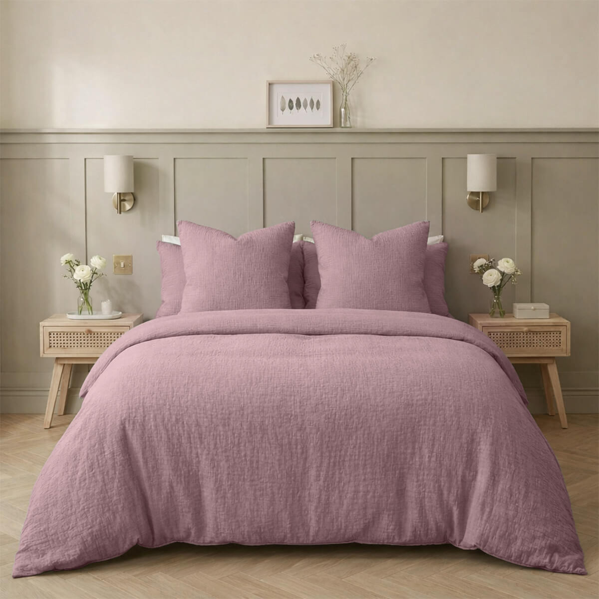 Parure + taies 65x65 gaze de coton bois de rose ALMA 240x220+2(65x65)