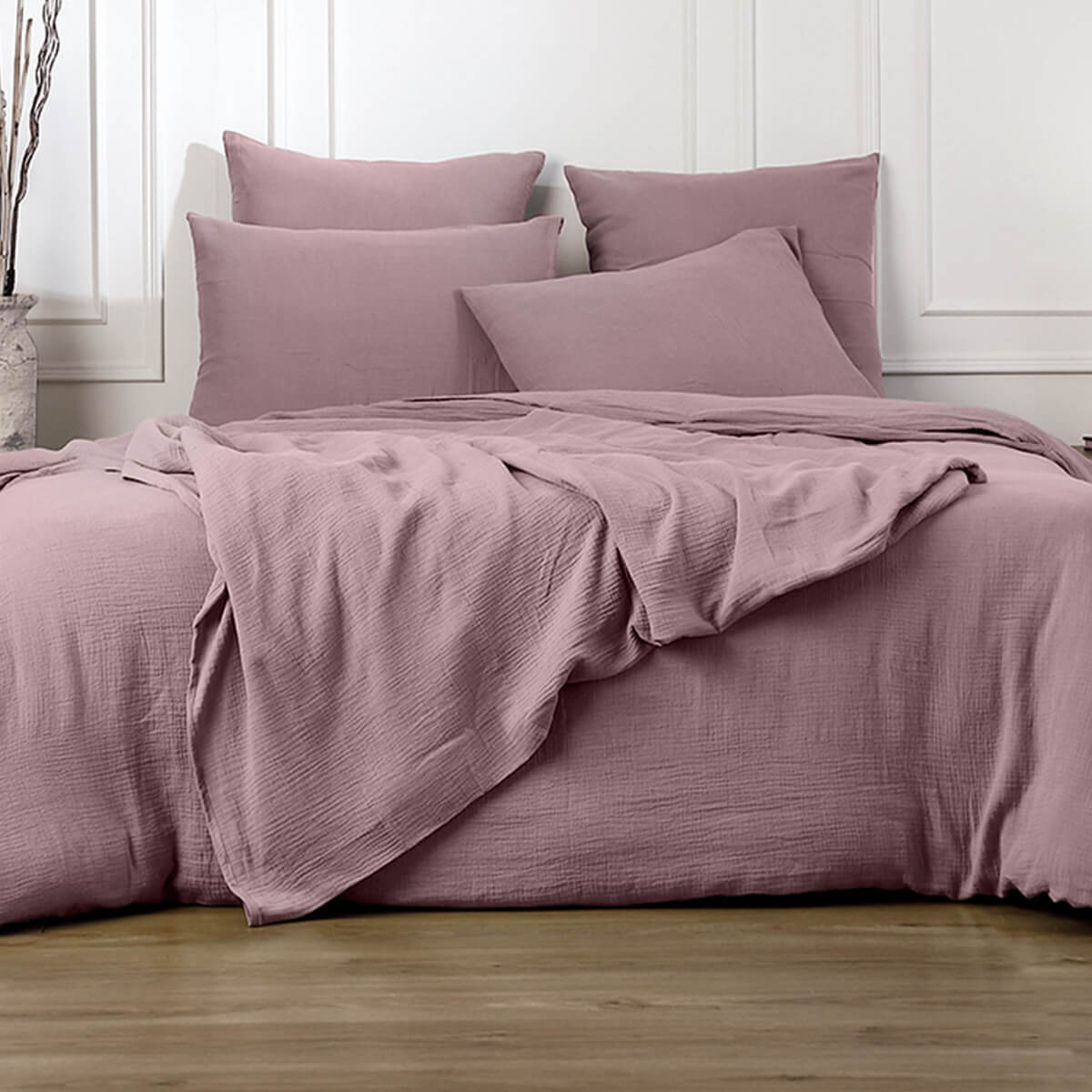 Parure + taies 65x65 gaze de coton bois de rose ALMA 240x220+2(65x65)