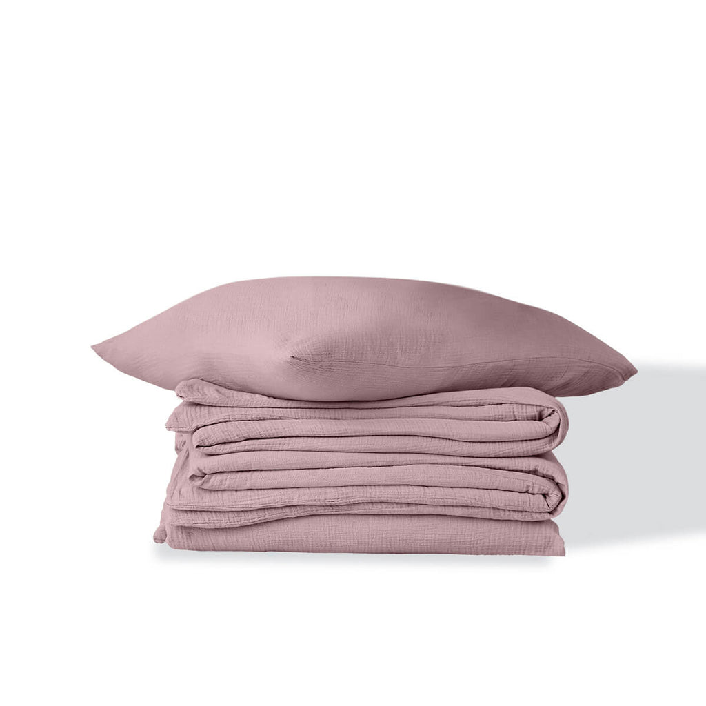 Parure + taies 65x65 gaze de coton bois de rose ALMA 140x200/65x65