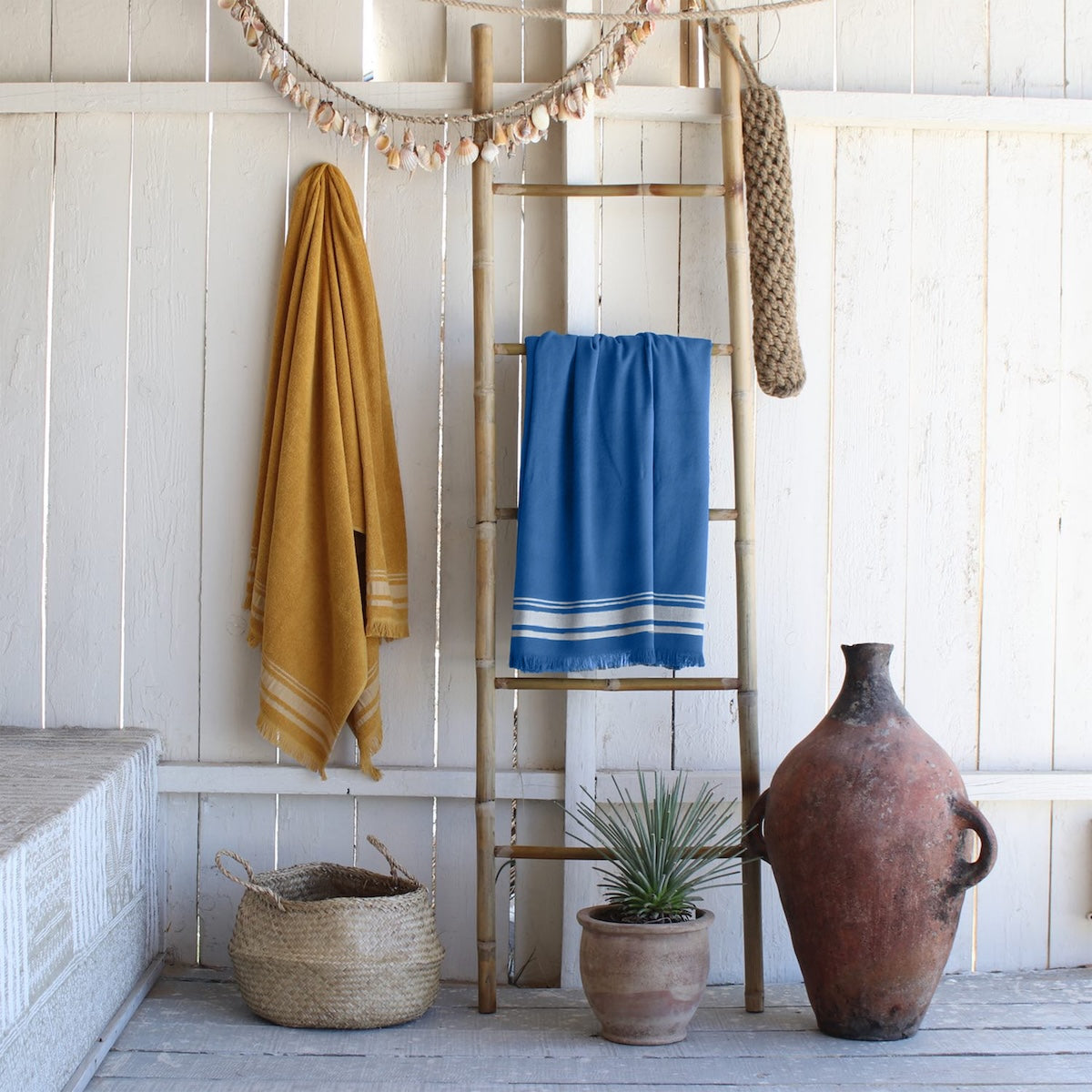 Fouta éponge coton 100x180 FARO bleu marine / grège