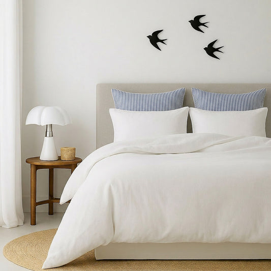 Parure + taies 65x65 coton lavé blanc / bleu orage LUNAR MIX 240x220+2(65x65)