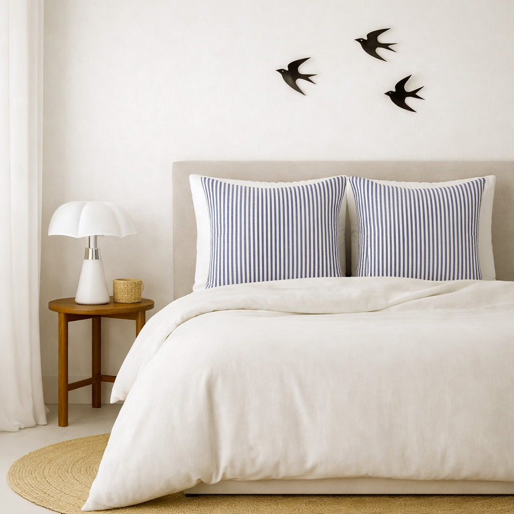 Parure + taies 65x65 coton lavé blanc / bleu orage LUNAR MIX 240x220+2(65x65)