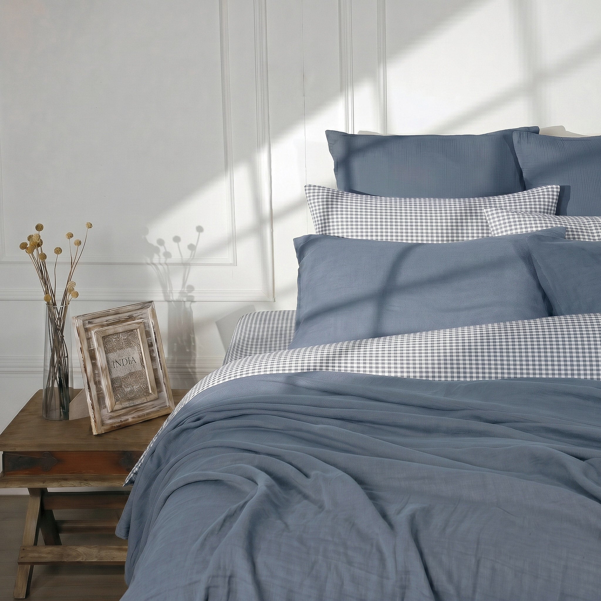 Parure + taies 65x65 coton lavé bleu orage LUNAS 240x220+2(65x65)