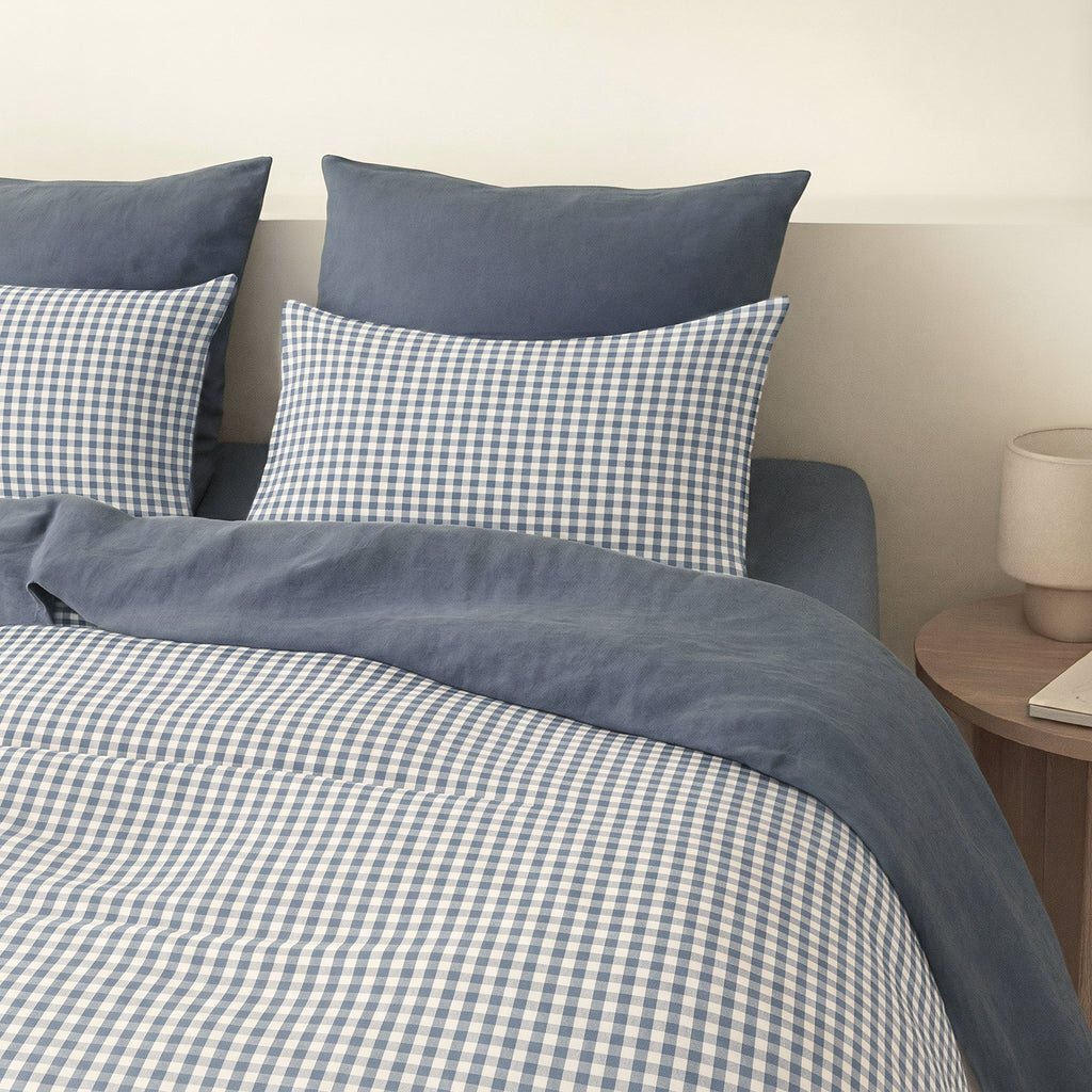 Parure + taies 65x65 coton lavé bleu orage LUNAS 240x220+2(65x65)