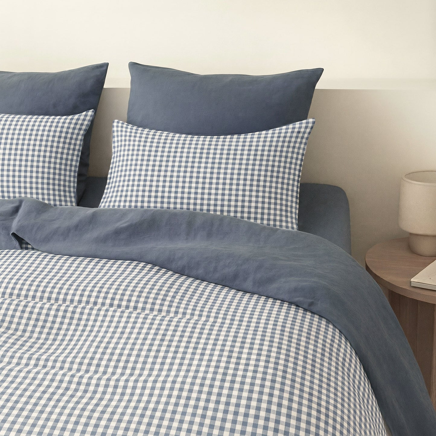 Parure + taies 65x65 coton lavé bleu orage LUNAS 240x220+2(65x65)
