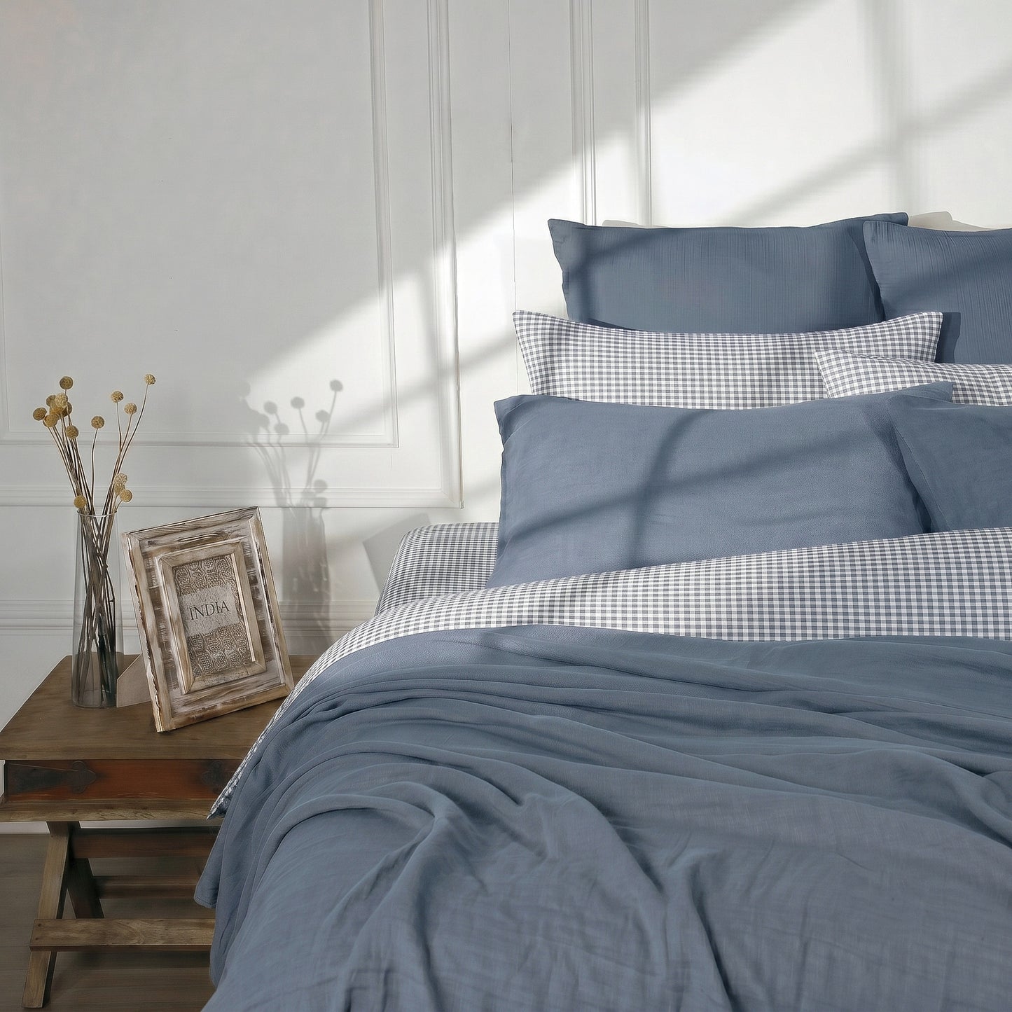 Parure + taies 65x65 coton lavé bleu orage LUNAS 260x240+2(65x65)